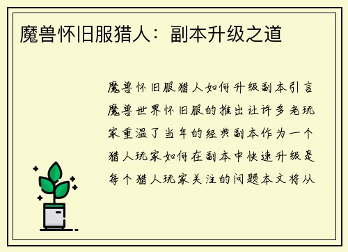 魔兽怀旧服猎人：副本升级之道